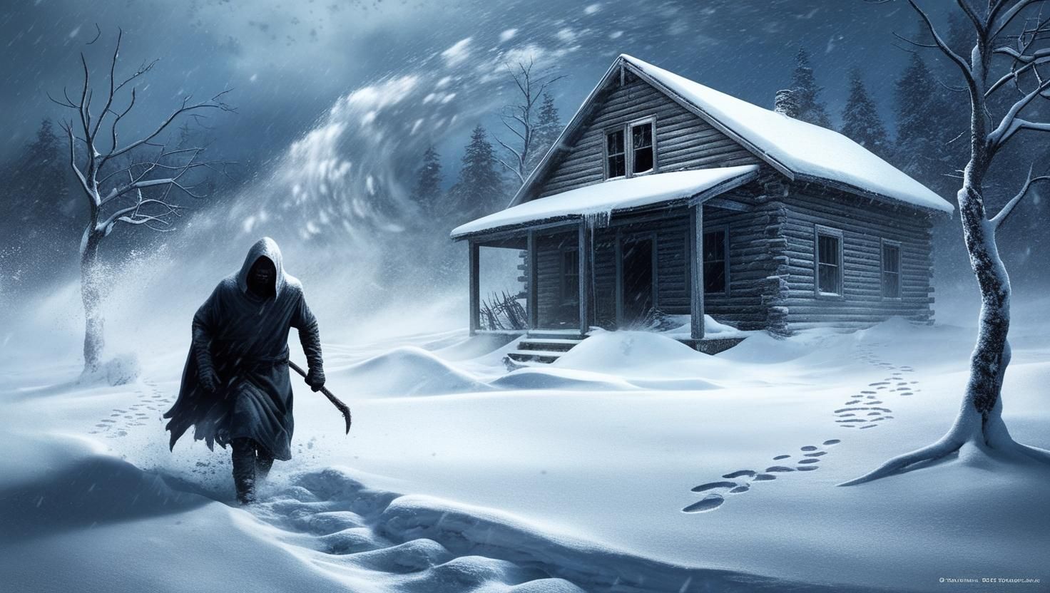 A terrifying winter survival horror scene featuring a snow-covered landscape 